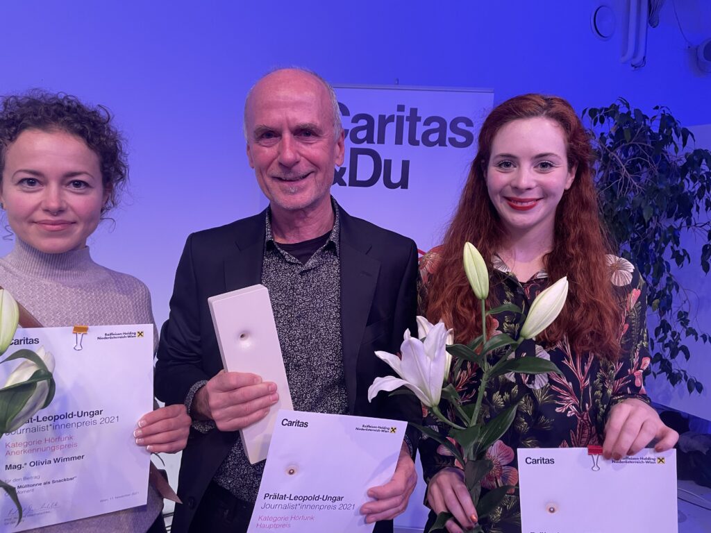 Drei Preisträger:innen bei der Preisverleihung des Leopold-Ungar-Preises 2021.