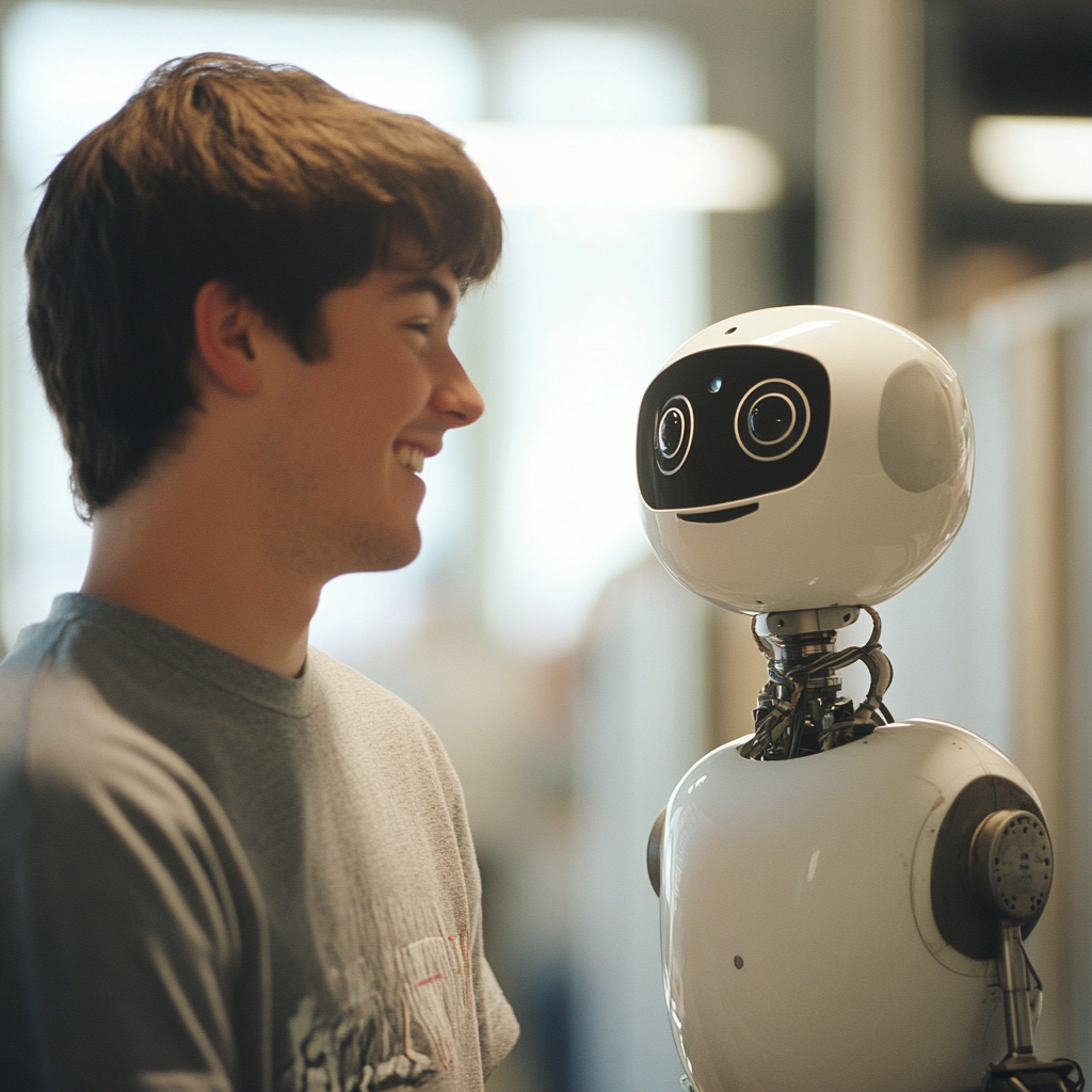 Ein junger Mann mitte Zwanzig unterhält sich mit einem Roboter