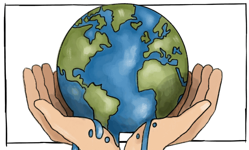 Für die Themenfindung diente der SDG-Tracker von „Our World in Data“ als Ausgangspunkt. Auf dieser Plattform der University of Oxford tragen Forscher:innen weltweite Statistiken zur Erreichung der 17 UN-Nachhaltigkeitsziele (SDGs) zusammen und stellen sie kostenlos zur weiteren Nutzung zur Verfügung. ©Karoline Berginz/FHWien der WKW handdrawn illustration of two hands holdings the earth
